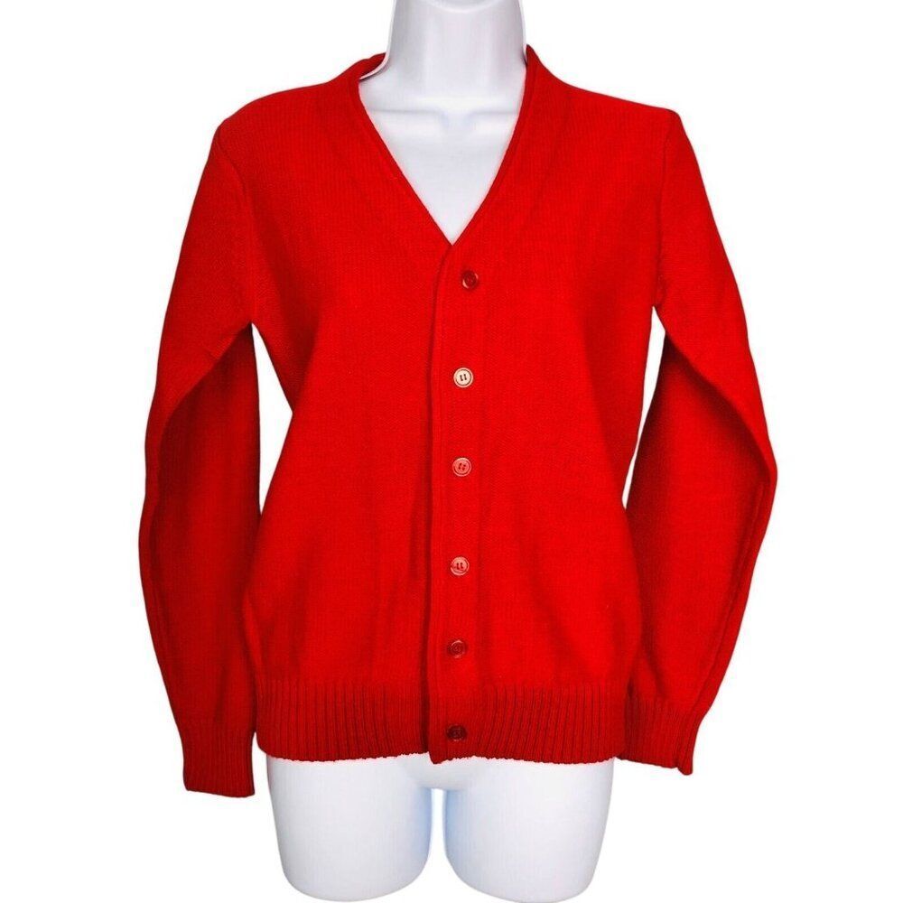 Vintage 70s Kentfield Sweater Mens S Red Cardigan V Neck Grandpa